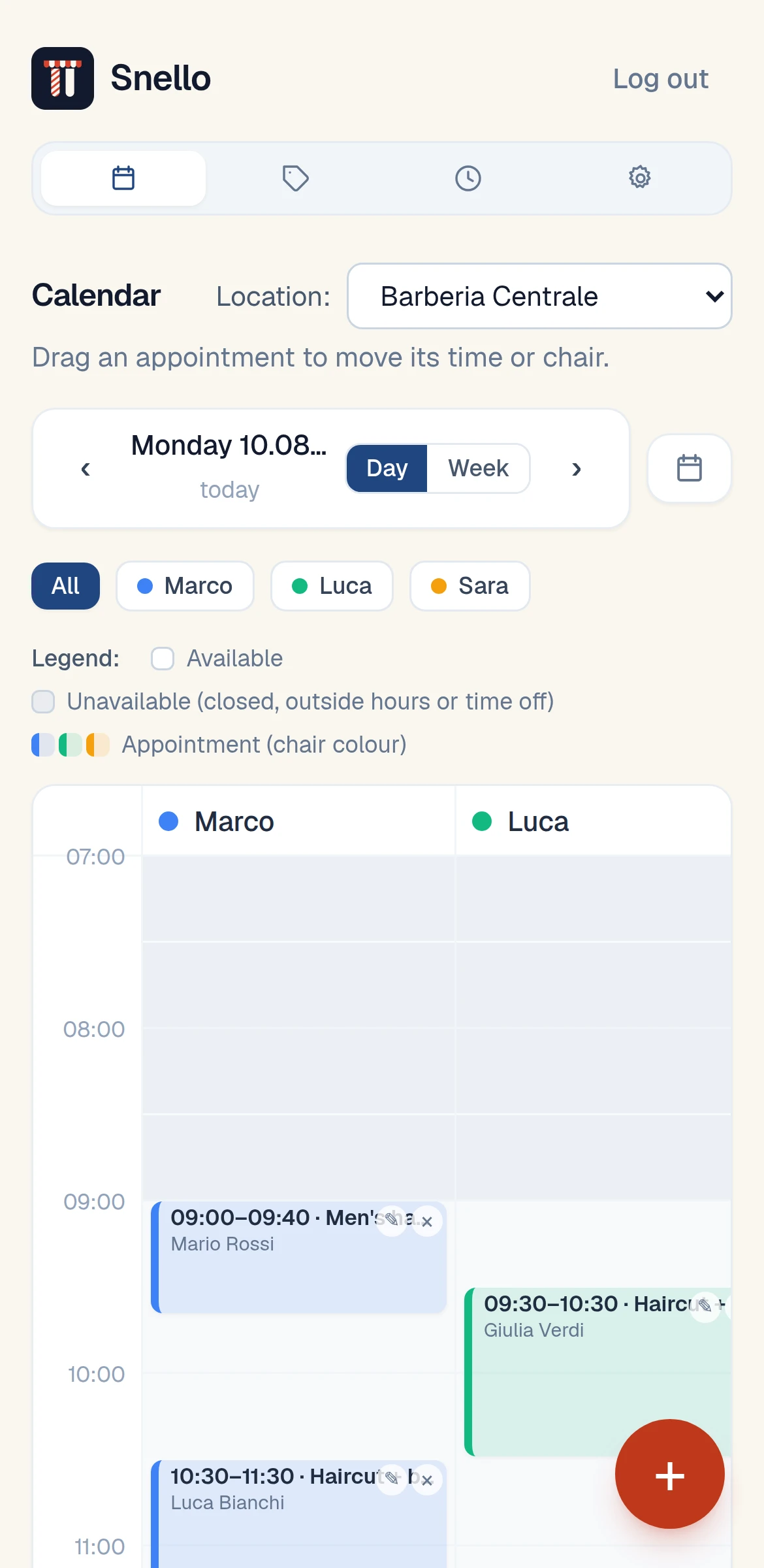 Snello on the phone: the day's calendar with a column per chair