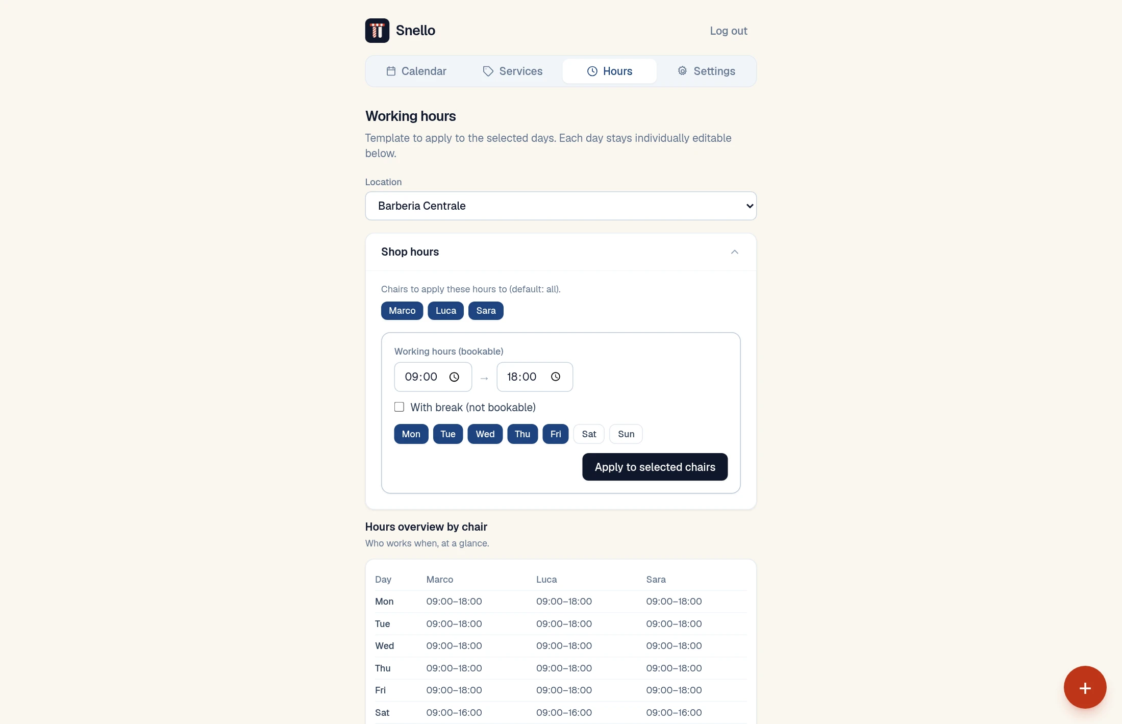 Snello's Hours page: a schedule template applied to several chairs at once, with an overview per chair